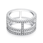 CARISSIE round moissanite pavé statement ring, top-down perspective highlighting the window-like structure and central vertical bar