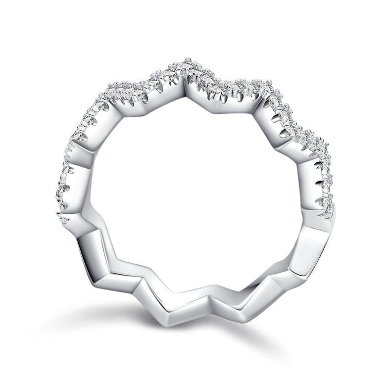 CARISSIE round moissanite pavé ring, front view displaying the continuous zigzag band with sparkling stones on the upper ridge