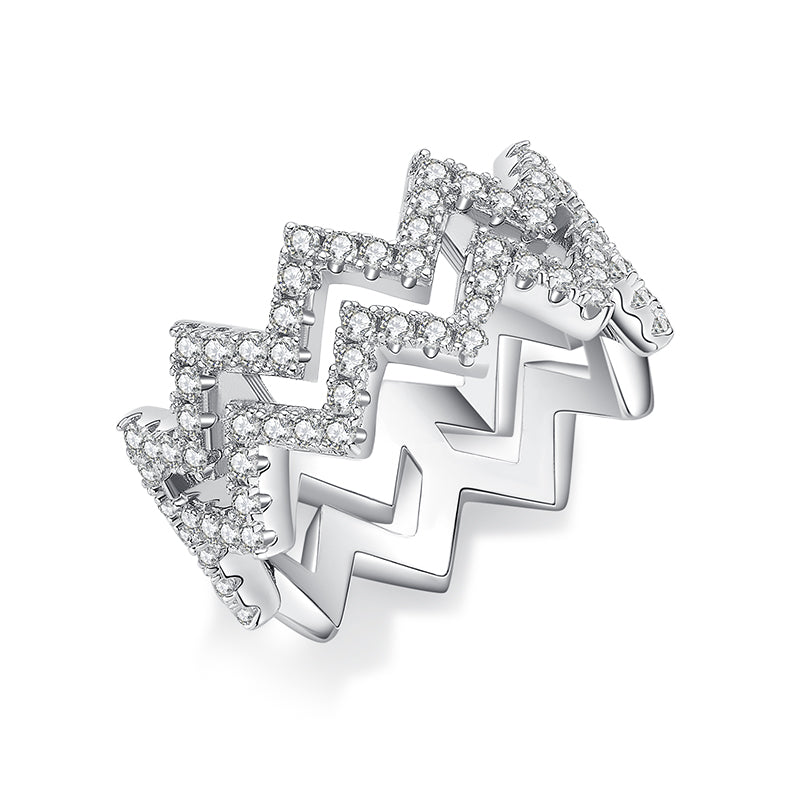 CARISSIE round moissanite pavé statement ring, angled view highlighting the zigzag pattern and sparkling stone ridges
