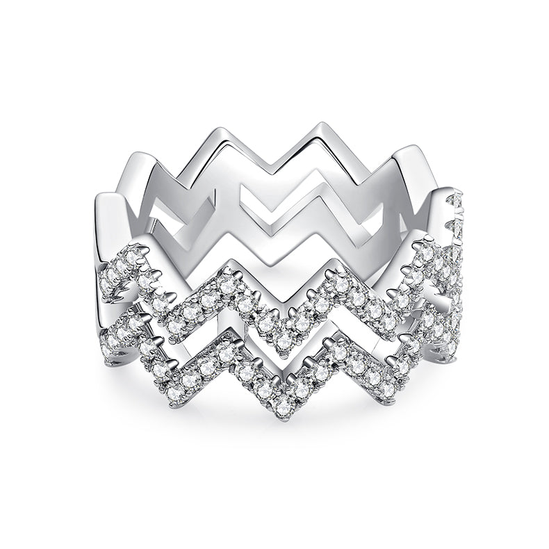 CARISSIE round moissanite pavé statement ring, front view showing the bold chevron design with openwork silver-tone metal