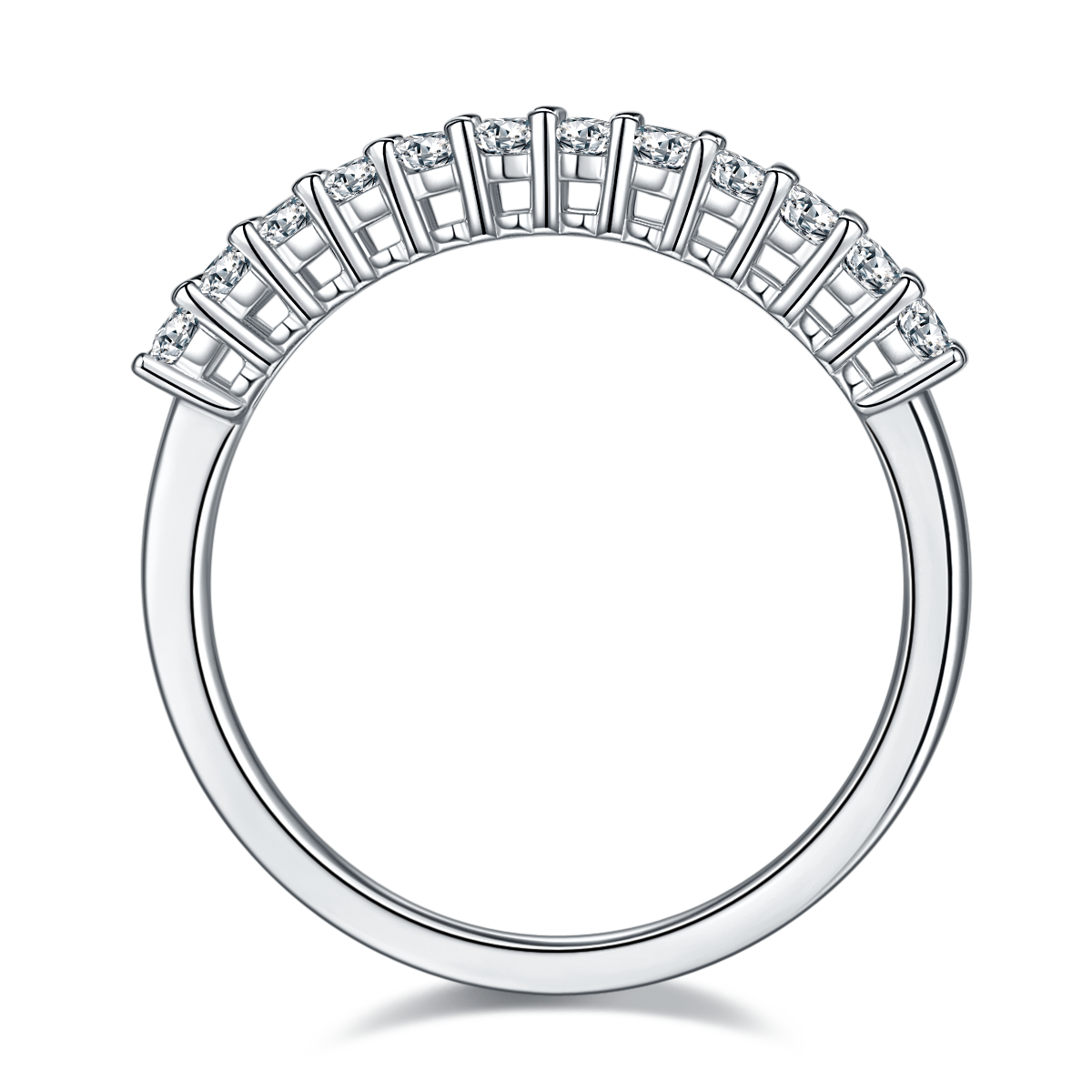 CARISSIE round moissanite eternity band, interior view showing smooth polished silver-tone metal shank and gallery rail