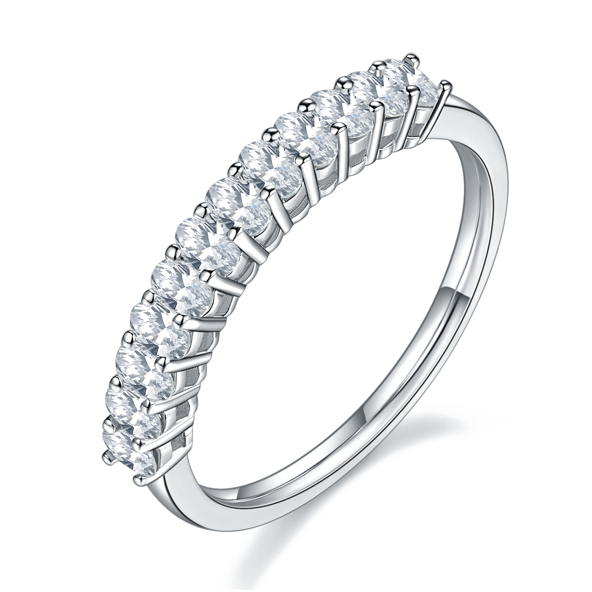 CARISSIE round moissanite eternity band, angled view highlighting continuous row of brilliant stones in four-prong setting