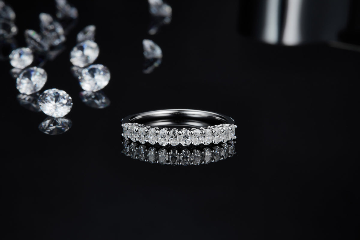 CARISSIE round moissanite eternity band, horizontal perspective showcasing full circumference of diamonds with reflection below