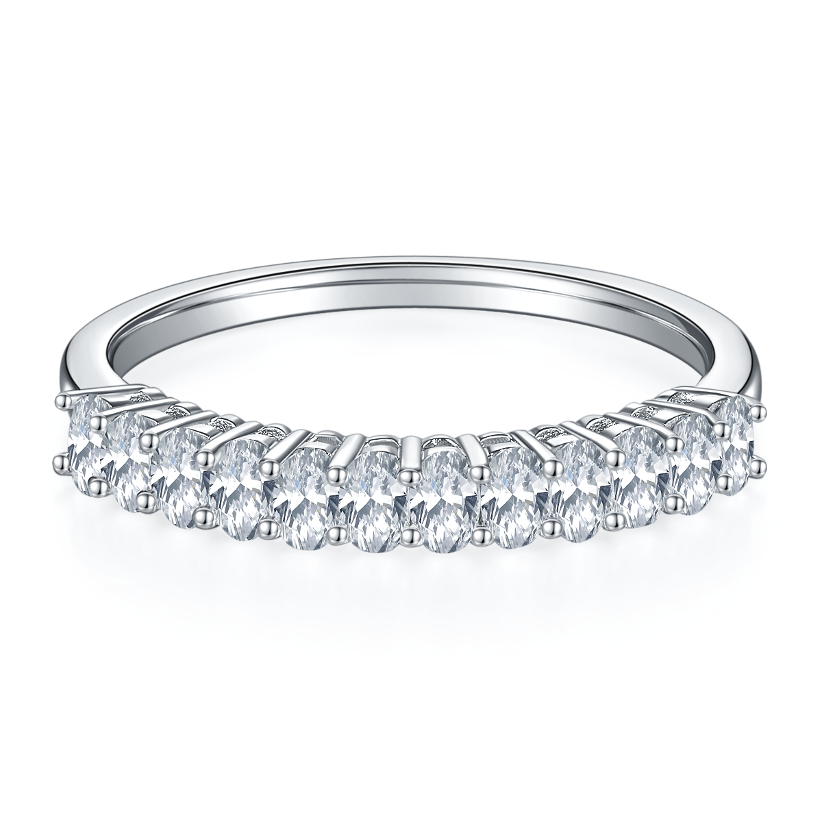 CARISSIE round moissanite eternity band, front profile displaying uniform stone size and secure prong placement across the top