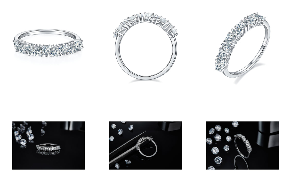 CARISSIE round moissanite eternity band, angled view displaying continuous row of stones in silver-tone prong setting