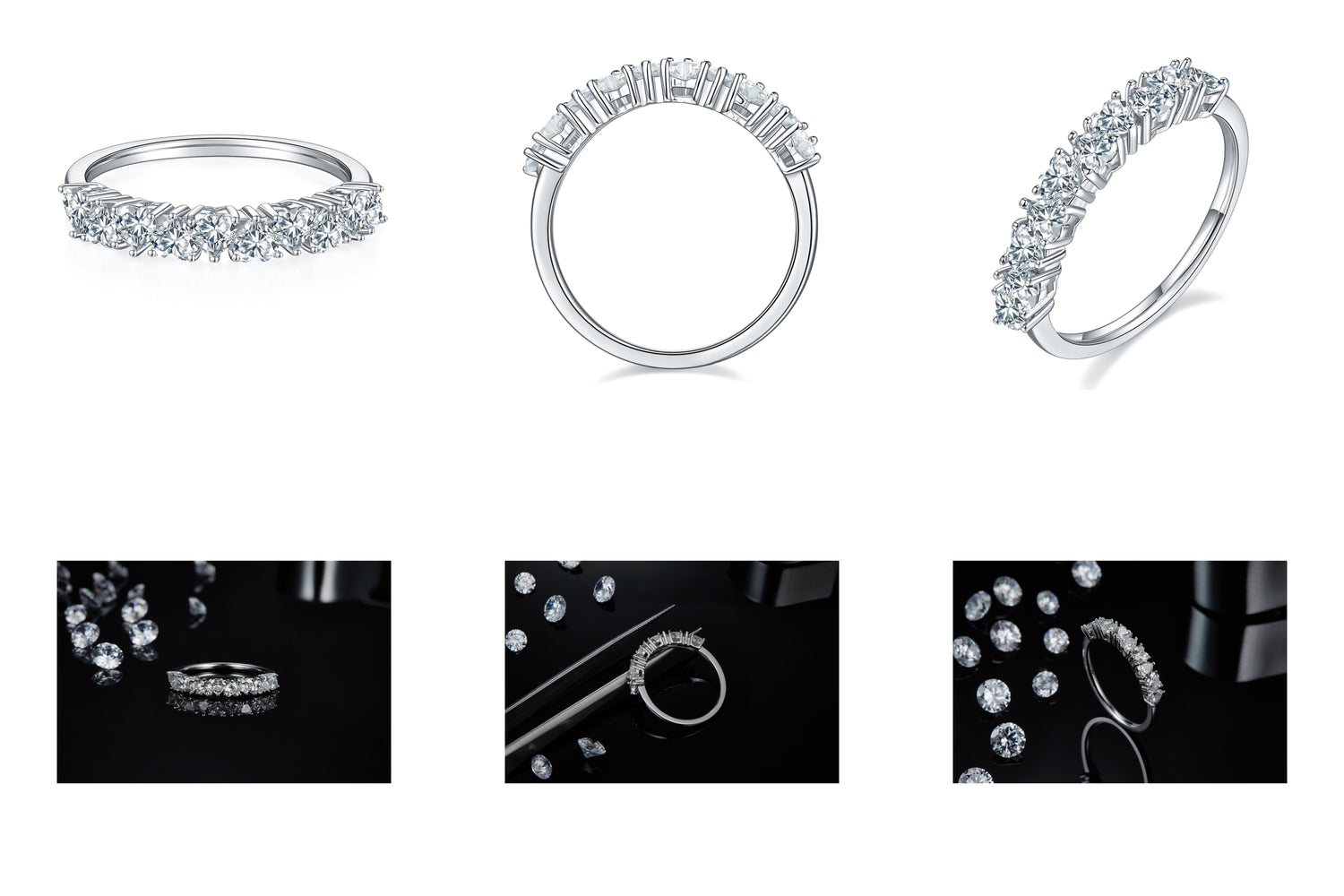 CARISSIE round moissanite eternity band, angled view displaying continuous row of stones in silver-tone prong setting