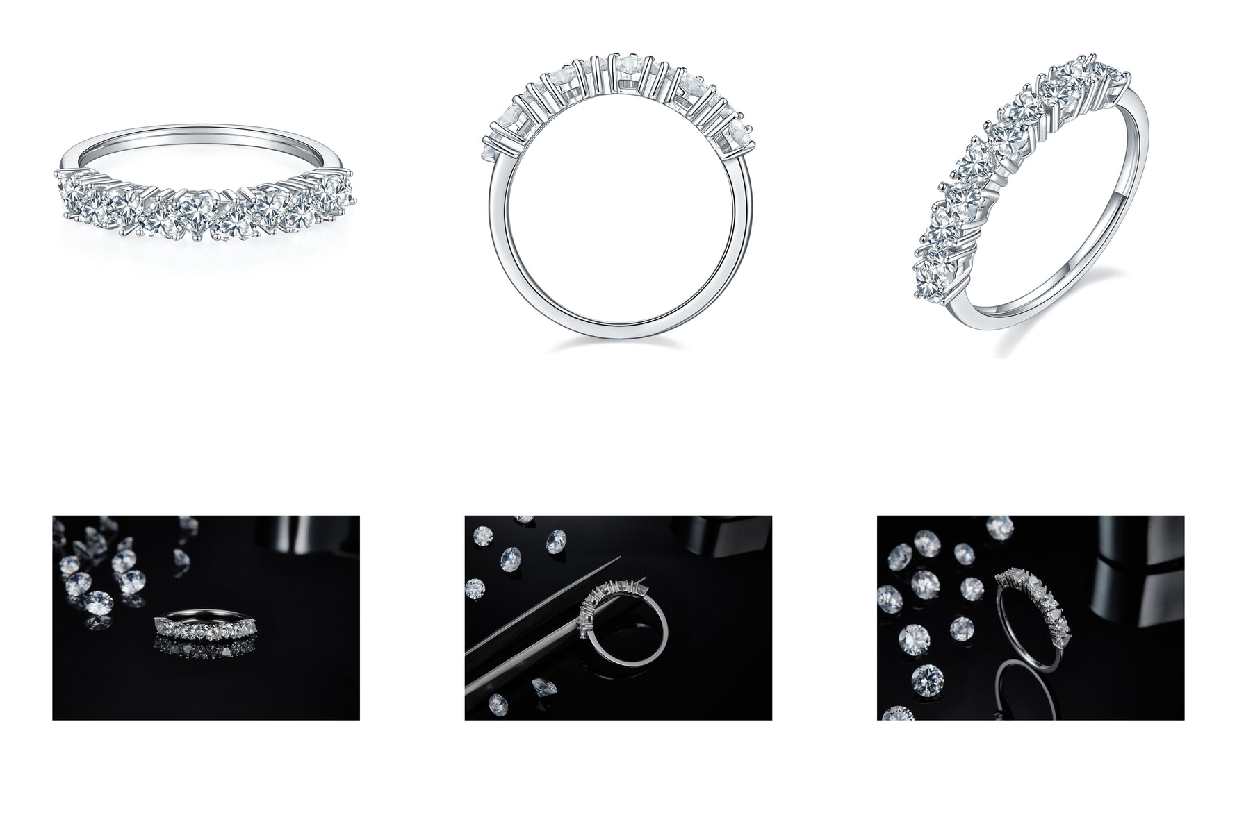 CARISSIE round moissanite eternity band, angled view displaying continuous row of stones in silver-tone prong setting