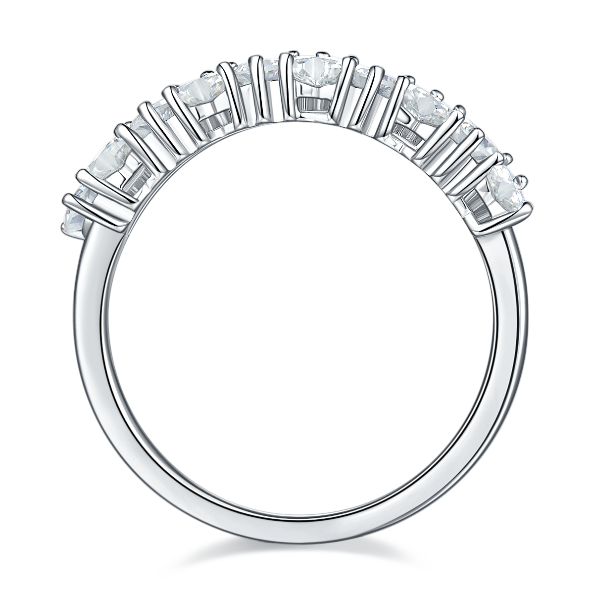 CARISSIE round moissanite eternity band, interior view showcasing smooth silver-tone band and open under-gallery design