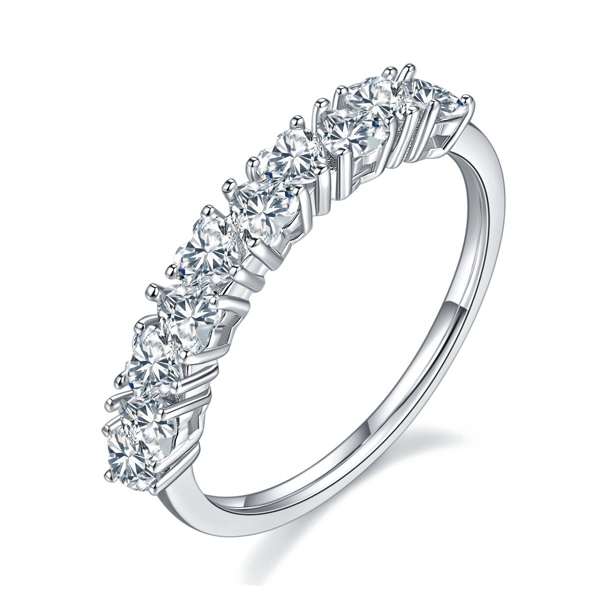 CARISSIE round moissanite eternity band, top-down angle emphasizing the rhythmic cage-like structure of the prongs