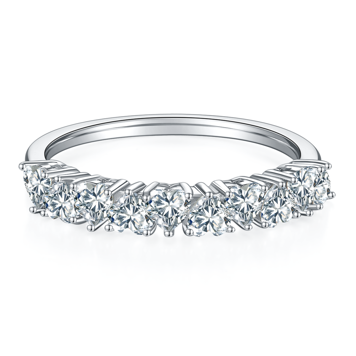 CARISSIE round moissanite eternity band, front profile highlighting vertical prongs and brilliant-cut stone details