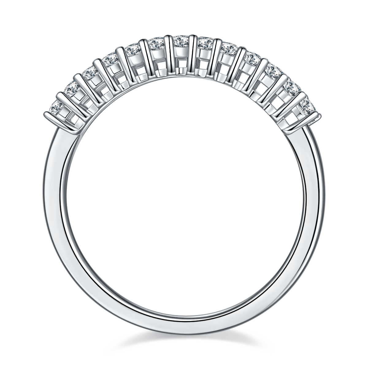 CARISSIE eternity band, top-down view showing the continuous row of rectangular moissanite stones set in silver-tone metal