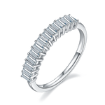 CARISSIE eternity band, angled view highlighting the linear arrangement of baguette stones and vertical prong setting