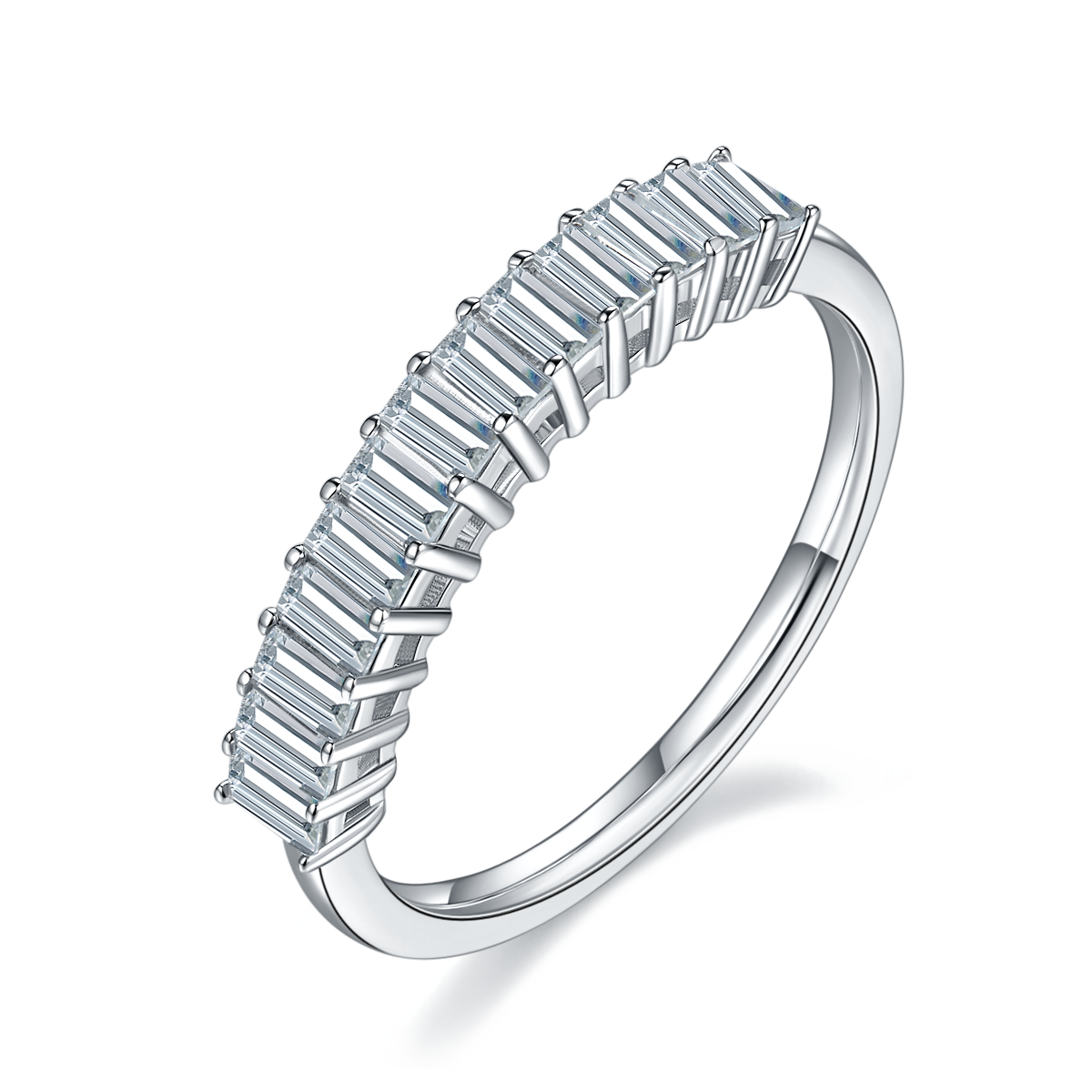 CARISSIE eternity band, angled view highlighting the linear arrangement of baguette stones and vertical prong setting