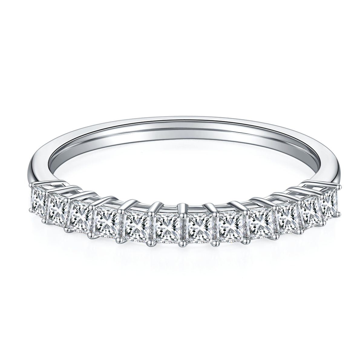CARISSIE Princess Moissanite Eternity Band, front view displaying a continuous row of square-cut stones with maximum sparkle on a white background.
