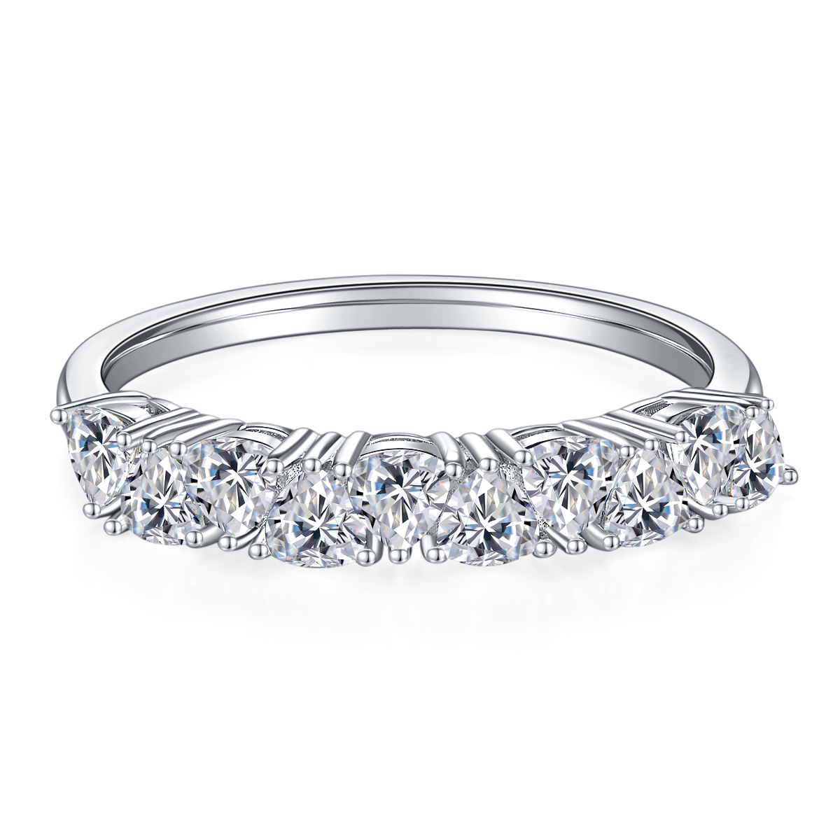 CARISSIE round moissanite eternity band, front perspective showing the continuous row of brilliant-cut stones in a prong setting.