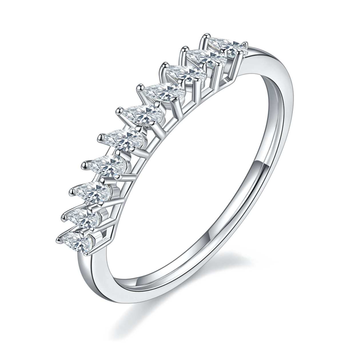 CARISSIE round moissanite solitaire ring, side profile view highlighting the high-profile prong setting and polished silver-tone band