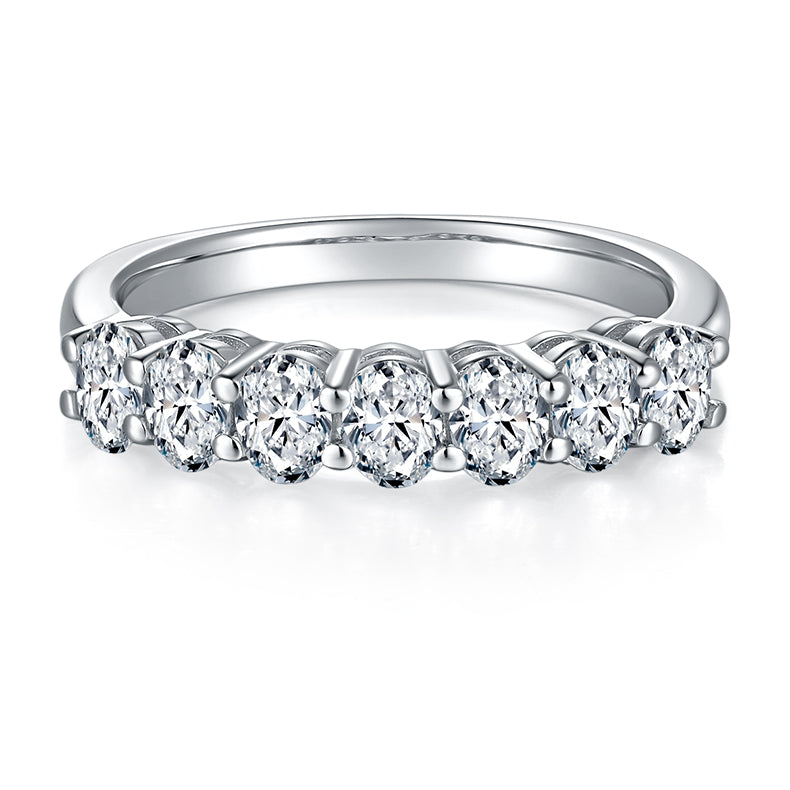 CARISSIE oval moissanite eternity band, front-facing close-up revealing detailed stone facets and symmetrical four-prong settings along the curved band