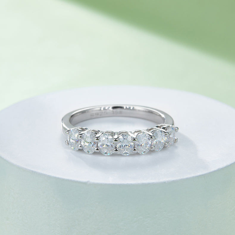 CARISSIE oval moissanite eternity band, displayed on white circular pedestal against mint backdrop, showcasing full arc of gemstones and reflective finish