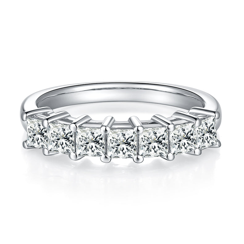 CARISSIE princess moissanite eternity band, front profile showing polished silver-tone shank and stone row