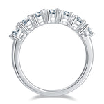 CARISSIE pear moissanite eternity band, top-down view displaying the arrangement of seven pear-shaped stones along the ring arc