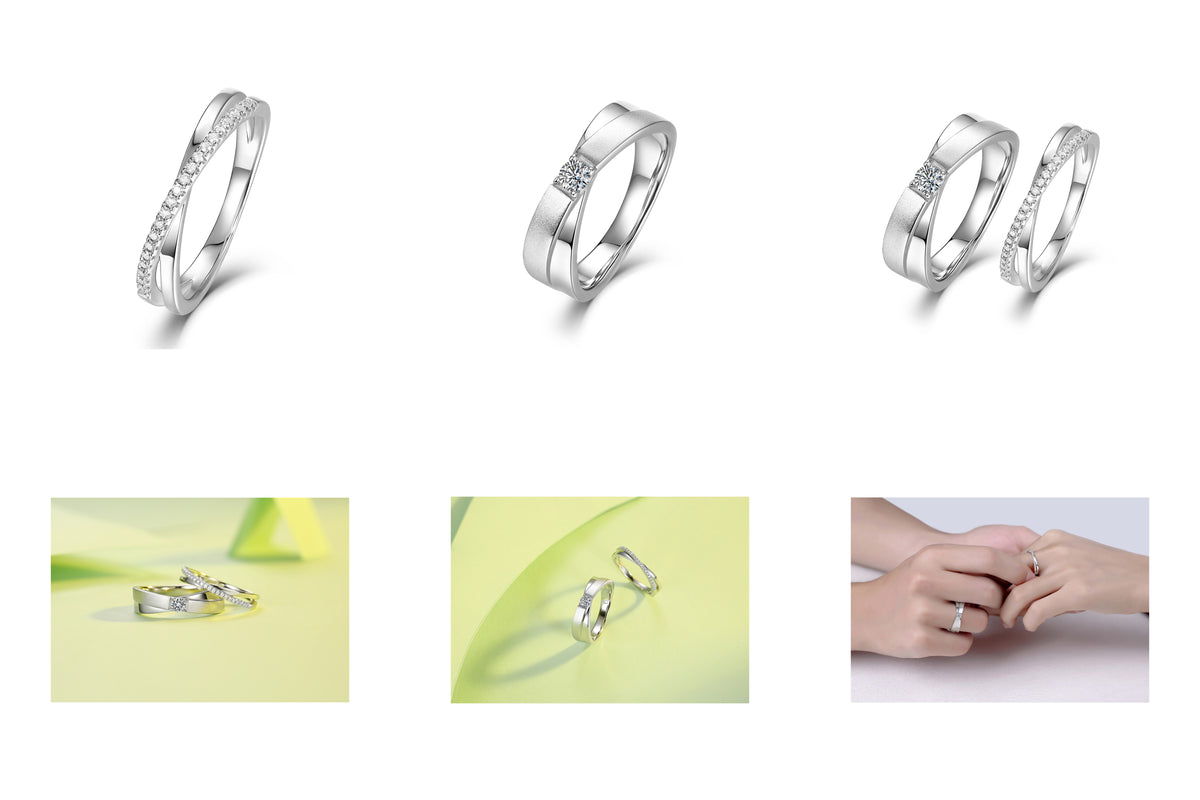 CARISSIE round moissanite pavé eternity band set, grid layout displaying individual rings and matching pair together
