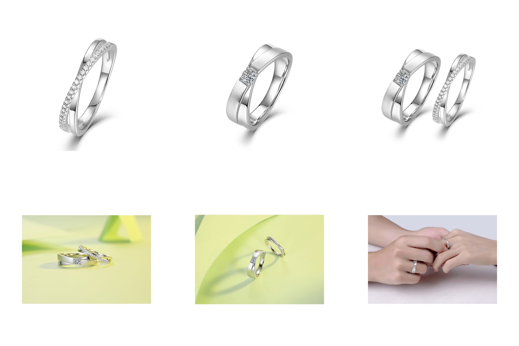 CARISSIE round moissanite pavé eternity band set, grid layout displaying individual rings and matching pair together