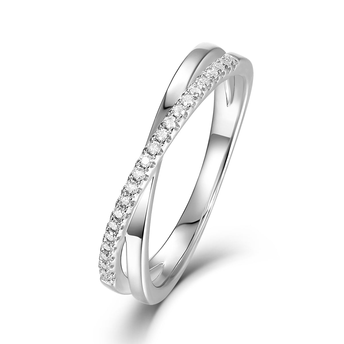 CARISSIE round moissanite pavé eternity band, close-up of slender twisted band fully encrusted with small stones