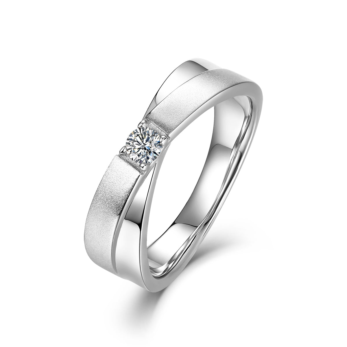 CARISSIE round moissanite pavé eternity band, side profile of wide brushed ring with central brilliant cut stone