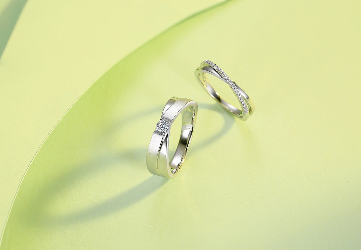 CARISSIE round moissanite pavé eternity band set, artistic shot on lime green background highlighting split-shank design