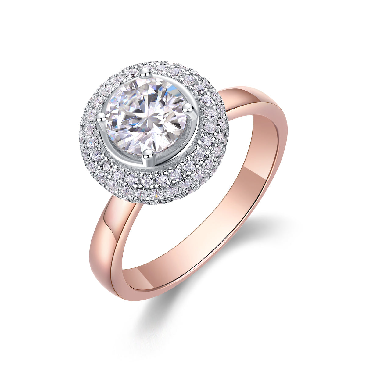 CARISSIE round moissanite halo engagement ring, rose gold version featuring a warm-toned band with classic double halo setting
