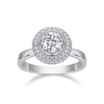 CARISSIE round moissanite halo engagement ring, direct front view highlighting the central stone and concentric accent rings