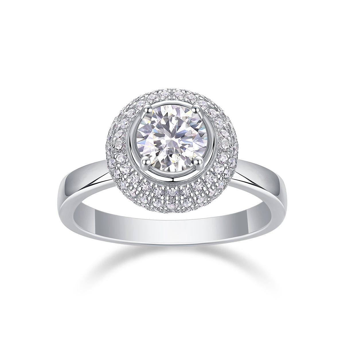 CARISSIE round moissanite halo engagement ring, direct front view highlighting the central stone and concentric accent rings
