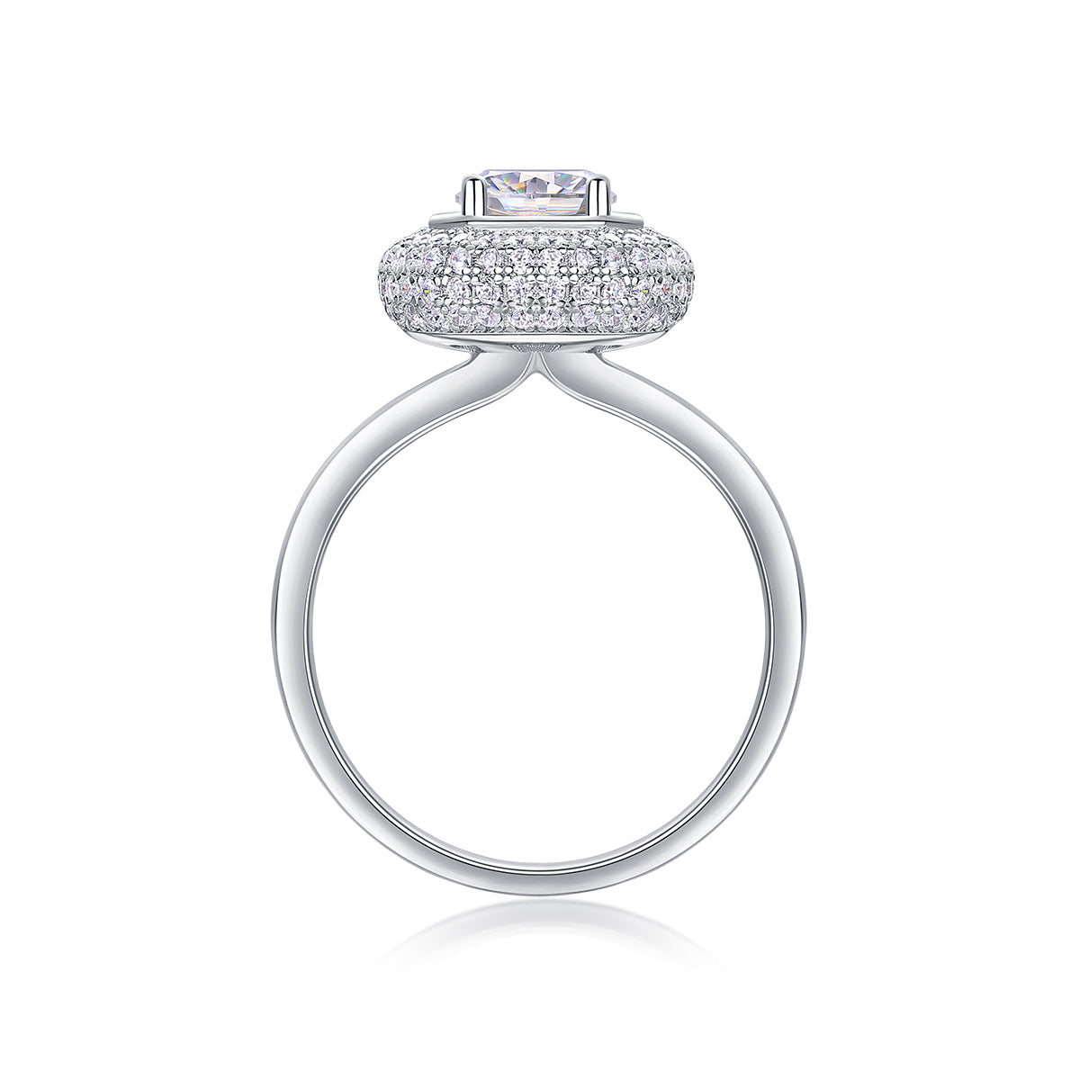 CARISSIE round moissanite halo engagement ring, side profile revealing high-profile head setting and smooth tapered shank
