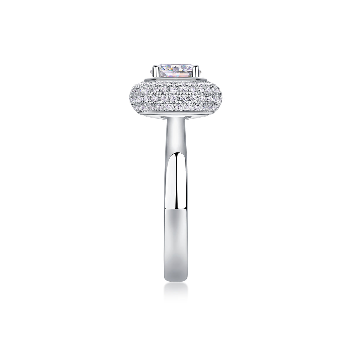 CARISSIE round moissanite halo engagement ring, straight side angle emphasizing the height of the double halo design