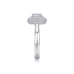 CARISSIE round moissanite halo engagement ring, straight side angle emphasizing the height of the double halo design
