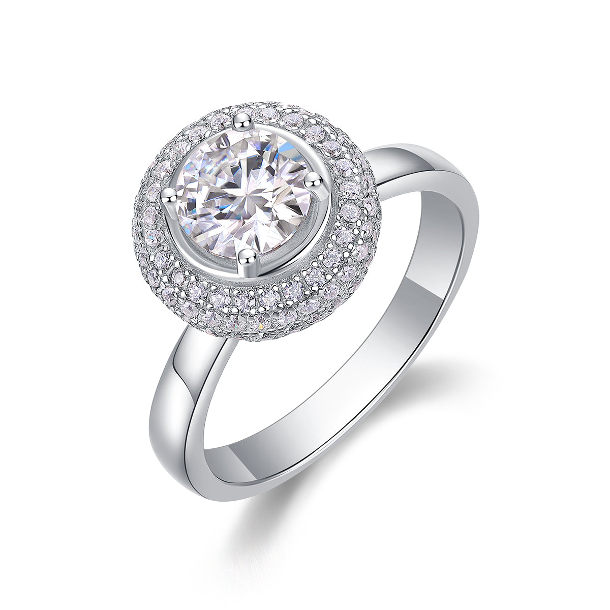 CARISSIE round moissanite halo engagement ring, angled view showing double pavé halo and polished white metal band