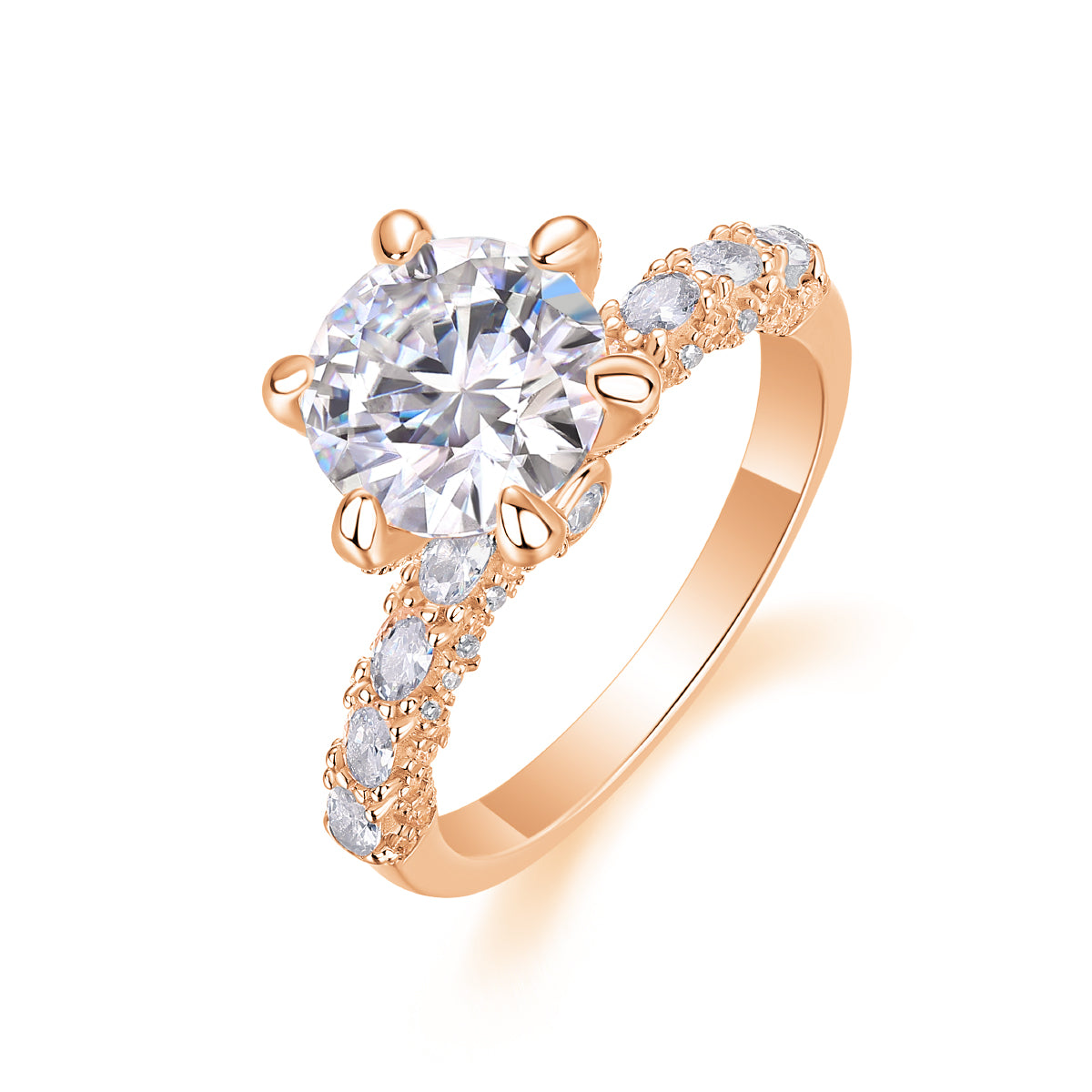 CARISSIE round moissanite solitaire ring, rose gold variant featuring warm pink tones and detailed pave diamond shoulders