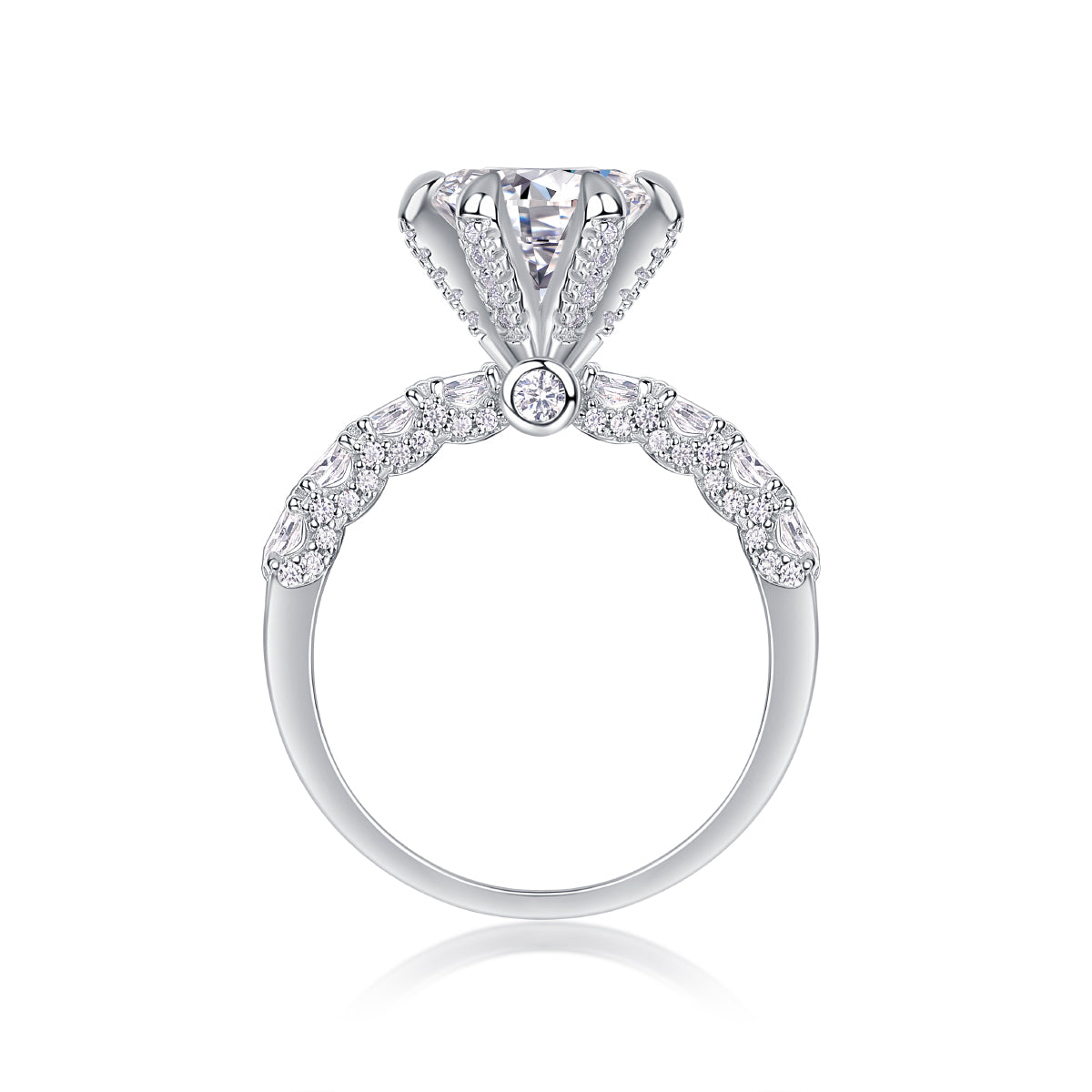 CARISSIE round moissanite solitaire ring, top-down view revealing gallery accents and central accent stone beneath head