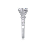 CARISSIE round moissanite solitaire ring, side profile showing high-profile crown motif and textured band encrustation