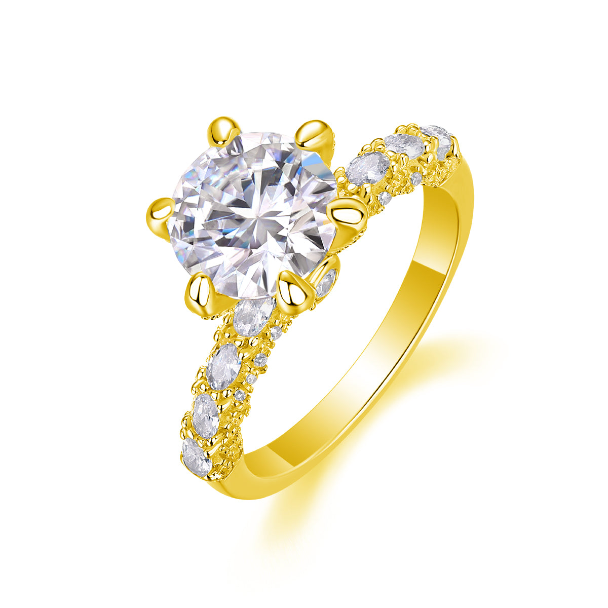 CARISSIE round moissanite solitaire ring, yellow gold version with contrasting bright metal against clear moissanite stones