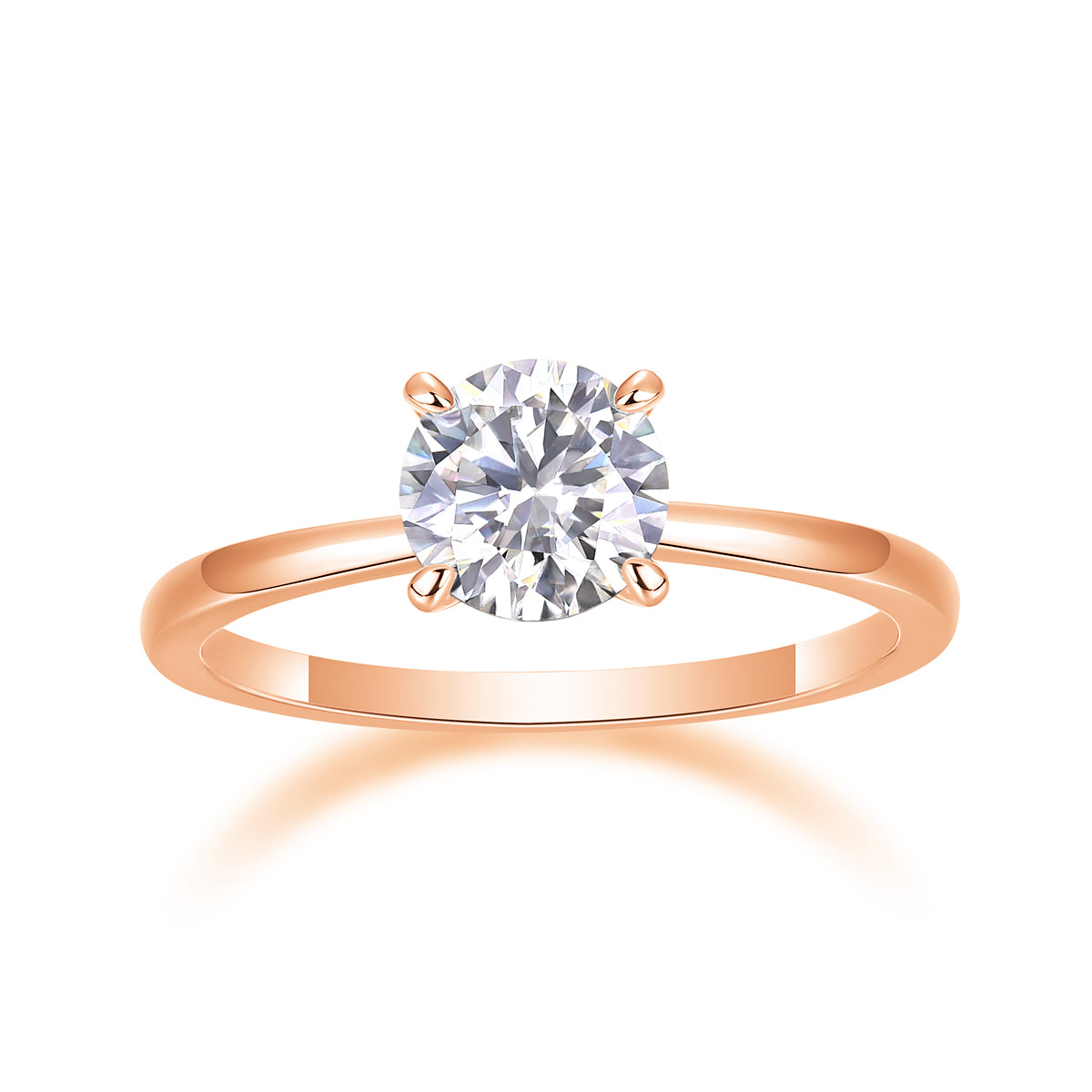 CARISSIE round moissanite solitaire ring in rose gold tone, front view with warm metallic hue complementing icy brilliance of central stone