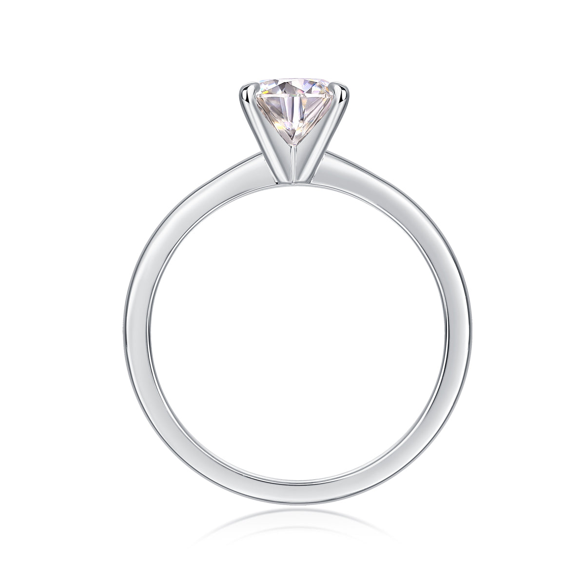 CARISSIE round moissanite solitaire ring top-down view revealing circular band shape and centered stone held by minimalist prongs
