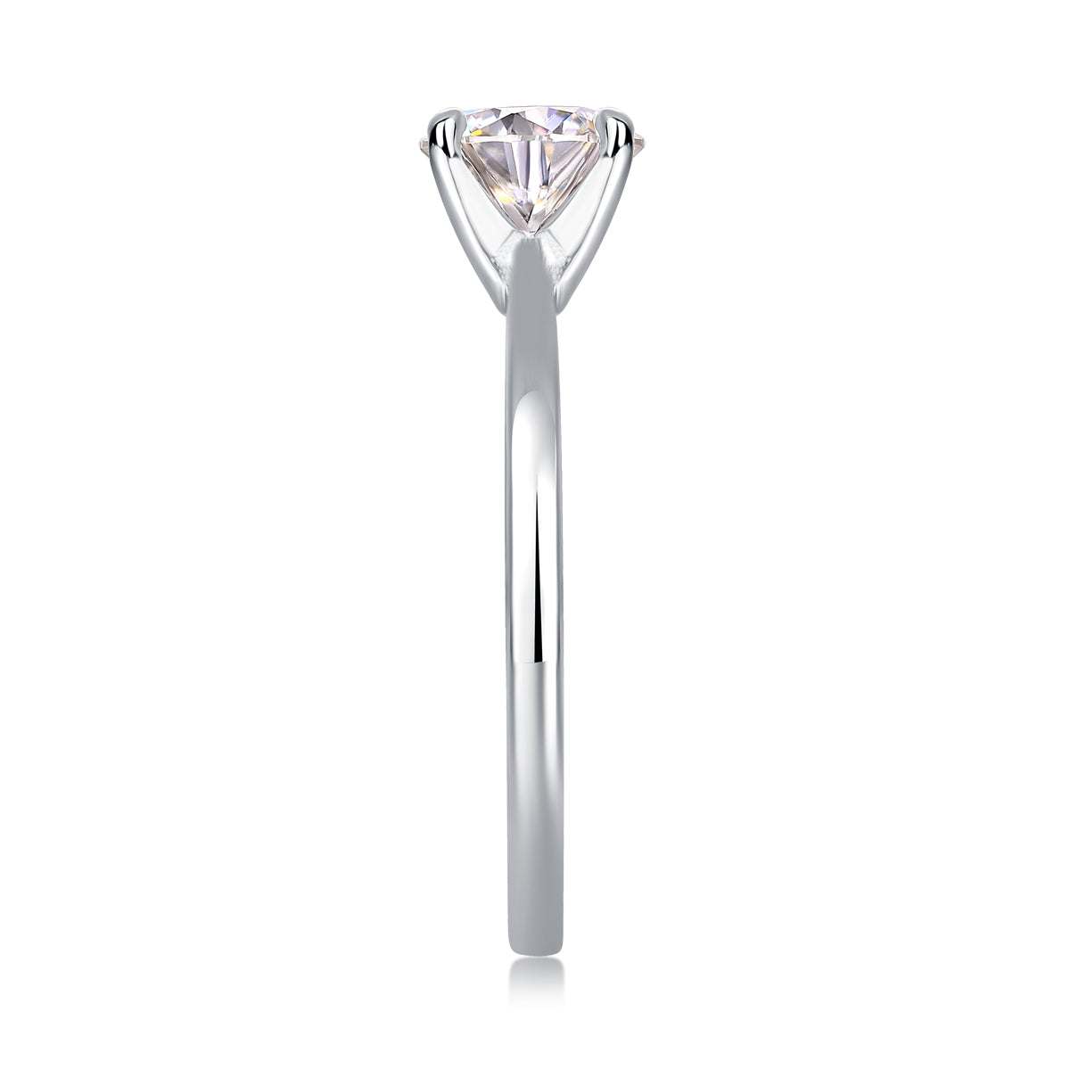 CARISSIE round moissanite solitaire ring vertical side angle displaying height of setting and smooth polished shank in white metal