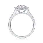 CARISSIE round moissanite halo engagement ring, side profile revealing open gallery work and half-shank stone setting