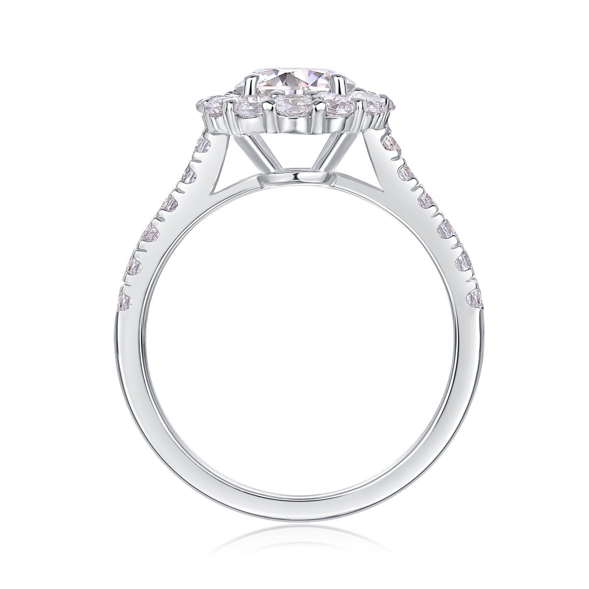 CARISSIE round moissanite halo engagement ring, side profile revealing open gallery work and half-shank stone setting