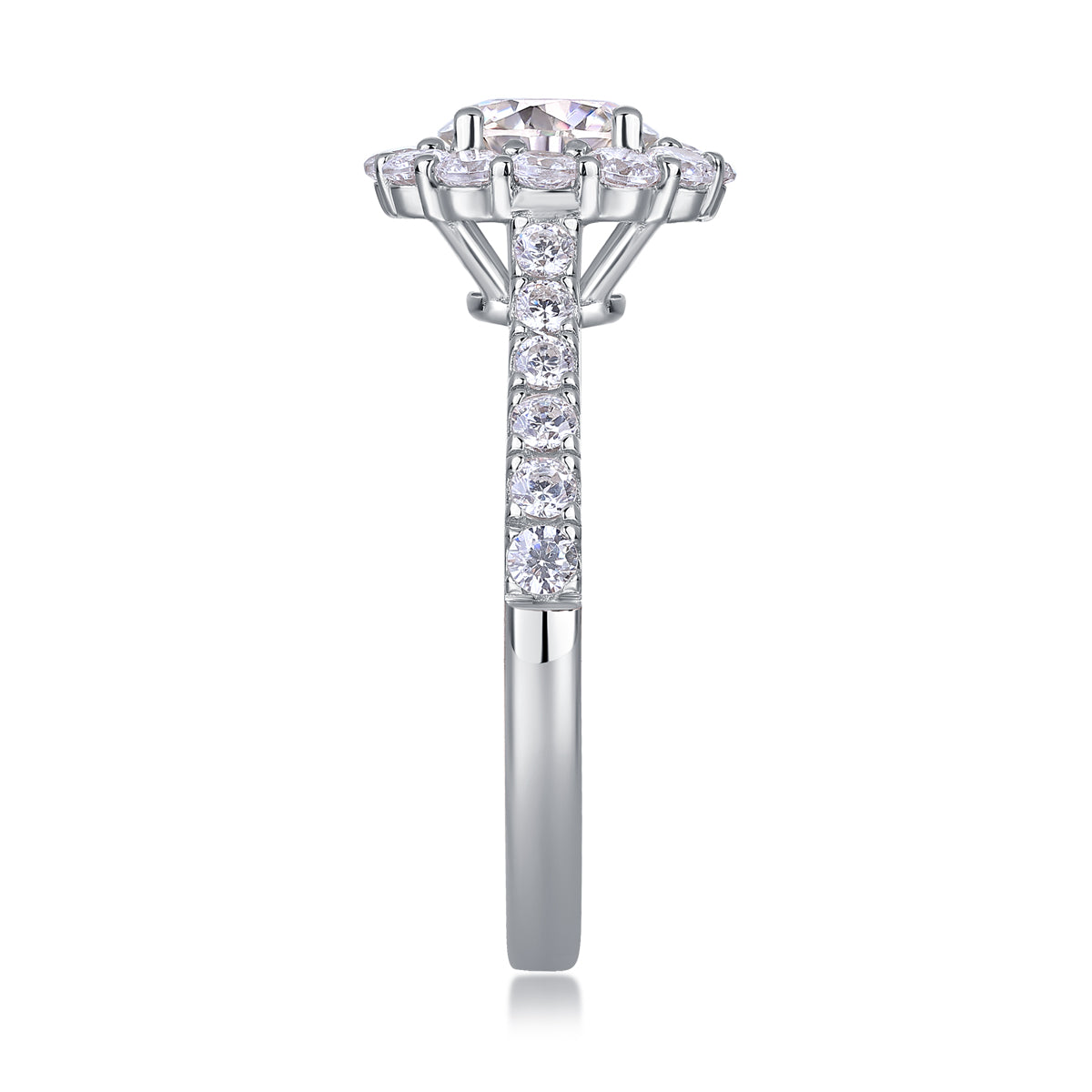 CARISSIE round moissanite halo engagement ring, vertical side angle displaying tapered band and continuous row of accent stones