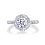 CARISSIE round moissanite halo engagement ring, direct front view emphasizing symmetrical halo and sparkling pave details