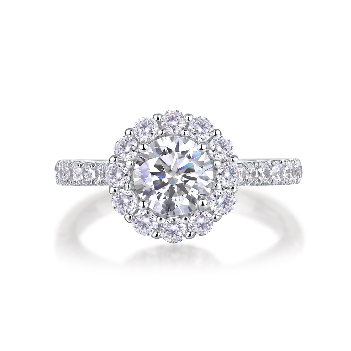 CARISSIE round moissanite halo engagement ring, direct front view emphasizing symmetrical halo and sparkling pave details