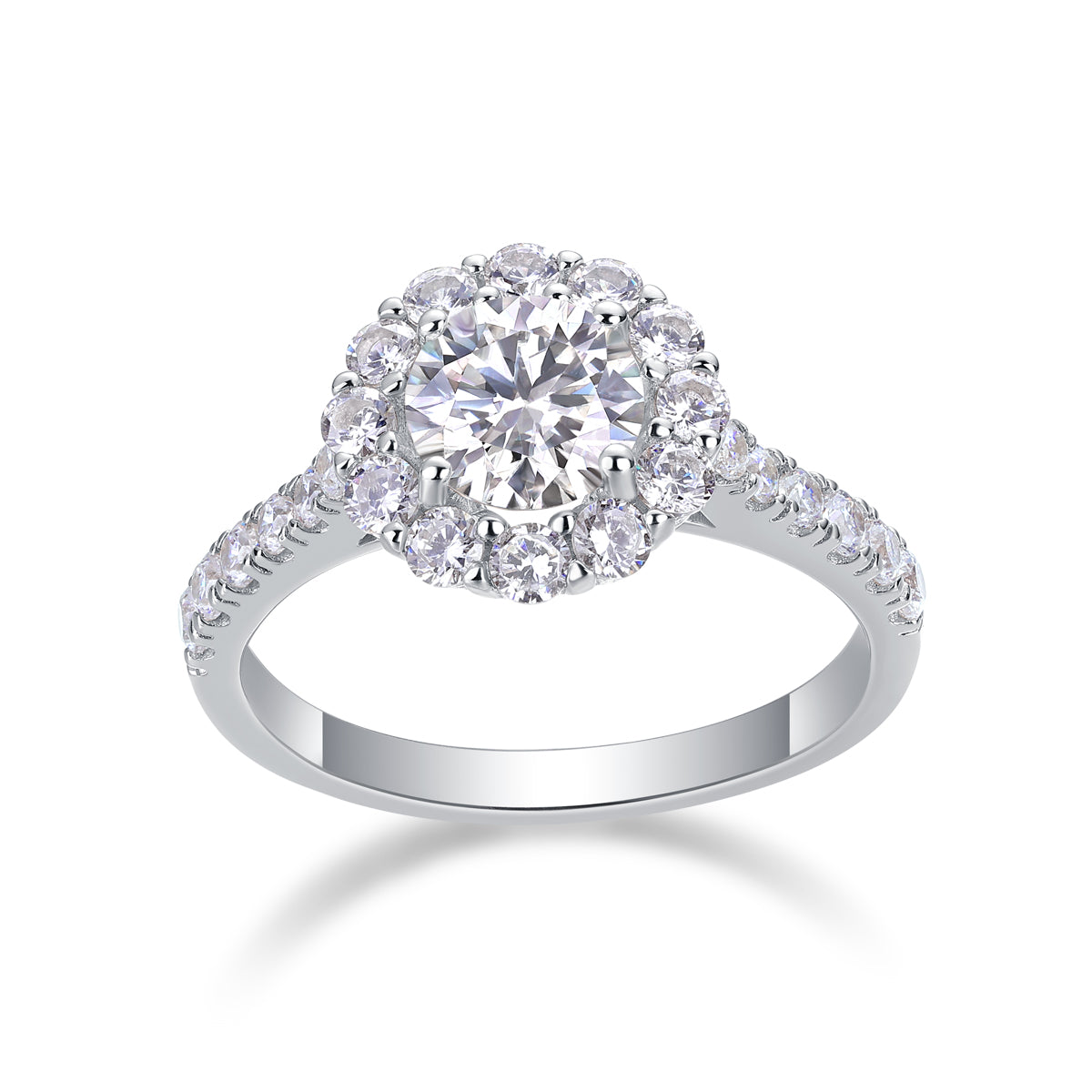 CARISSIE round moissanite halo engagement ring, angled studio view showcasing prong setting and diamond-encrusted shoulders