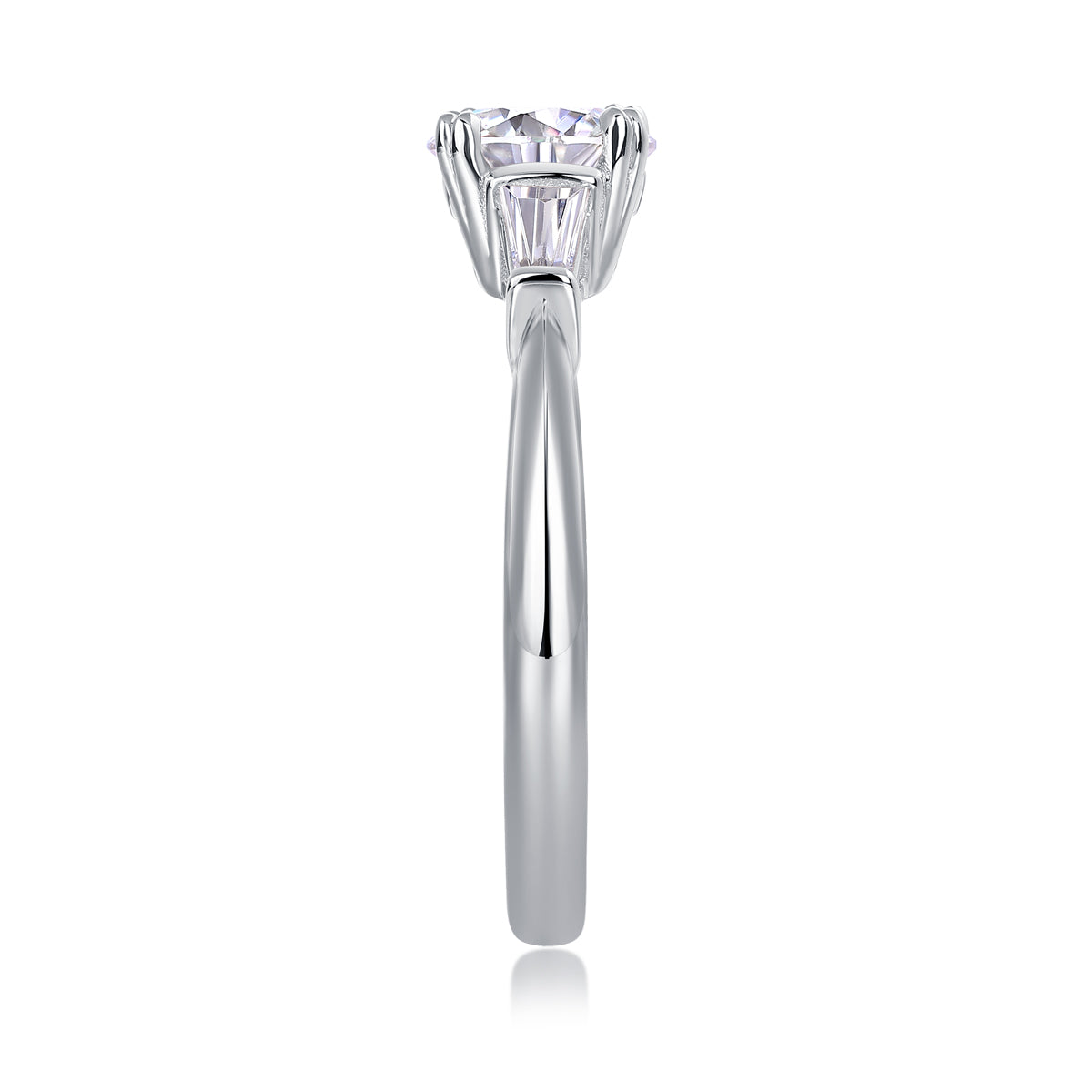 CARISSIE cushion solitaire engagement ring, direct side profile revealing the smooth shank and height of the stone setting